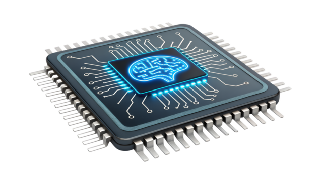 Illuminated brain symbol inside a computer chip with visible pins and circuit connections design png on transparent background