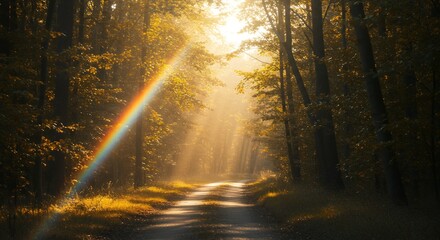 Forest path with rainbow and sun rays