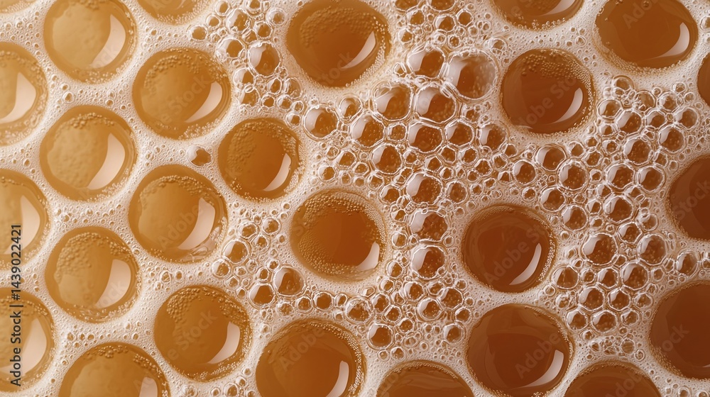 Poster a close-up view of bubbles and foam in a brown liquid, creating a textured and visually intriguing p