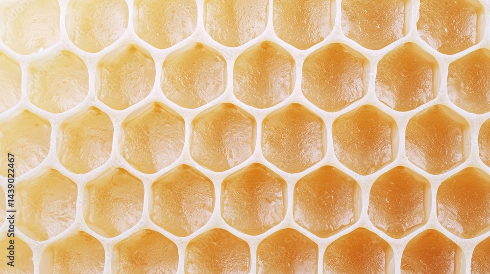 Poster close-up of honeycomb structure, showcasing hexagonal cells filled with golden honey, highlighting t