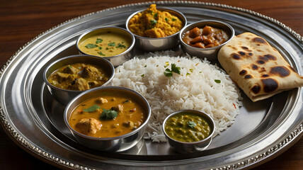 Ultra HD image of traditional Indian thali with rice, dal, curry, and naan bread