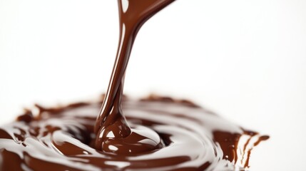 Melted chocolate pouring, swirling, white background; food photography