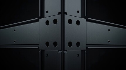 A close-up view of a metallic structure showcasing precision-engineered joints and textures against a dark background.