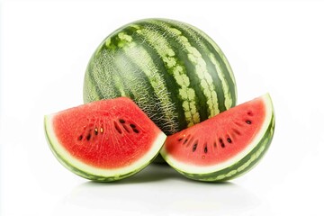 A whole watermelon alongside a halved one, isolated on a white background