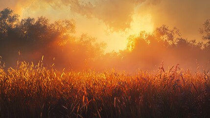 Golden field at sunset with trees and clouds in the background casting a warm and hazy light
