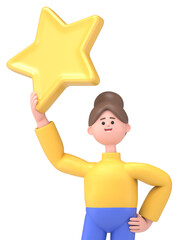 3D illustration of Asian woman Angelan waving hand saying hi and holding a big star.Supports PNG files with transparent backgrounds.