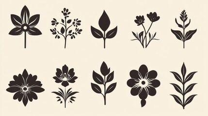 Botanical illustrations Ten stylized floral silhouettes, beige background, design elements