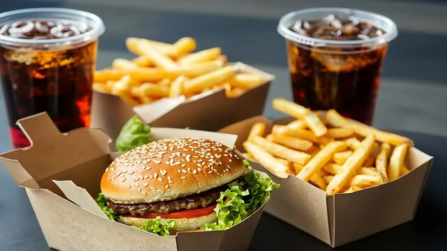 Delicious burger meal with fries and drinks on table