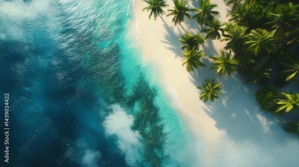 Poster 青い海と白い砂浜の楽園の風景 ヤシの木の生い茂る熱帯の島の海岸線からの俯瞰図