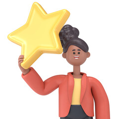 3D illustration of african american woman Cocon waving hand saying hi and holding a big star.Supports PNG files with transparent backgrounds.