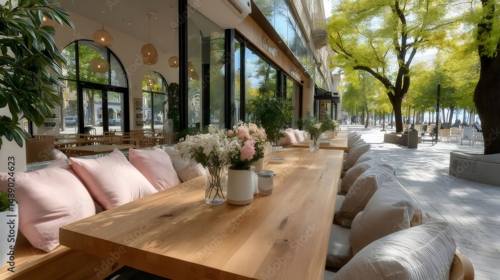 Poster 屋外カフェの木製テーブルとピンクのクッション 美しい花と自然光 街並みの背景 晴れた夏の日の静寂