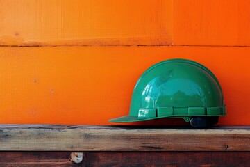Close-up of a vibrant green safety helmet on a wooden surface.