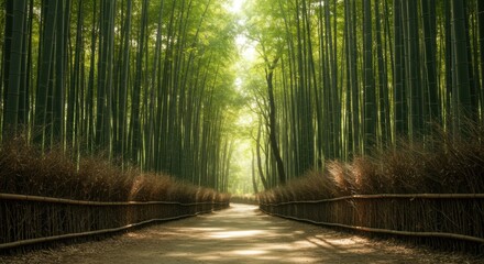 Tranquil bamboo forest with a sunlit path inviting into a serene green nature walkway