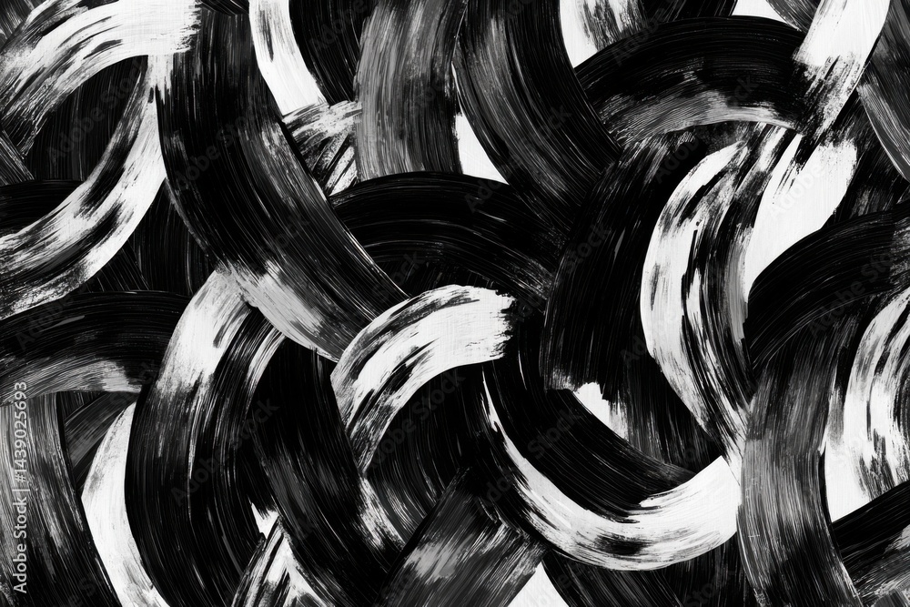 Poster abstract painted swirls in black and white. intertwined brushstrokes create a textured pattern