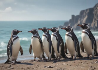 Obraz premium Group of Humboldt penguins standing together near the ocean , humboldt penguin, wildlife