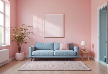 Serene Pastel Living Room:  Light Blue Sofa, Pink Walls, and Minimalist Decor
