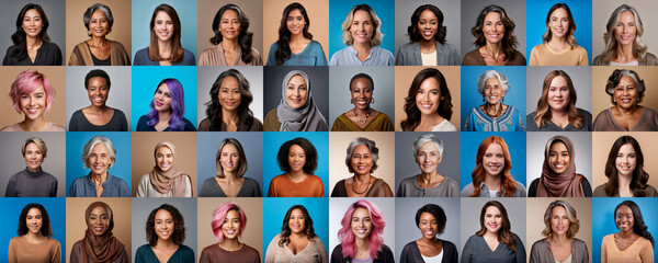 Diverse group of happy women people of different ethnicities, religions, ages, body types, and cultural backgrounds. Female diversity, inclusion and positivity concept.