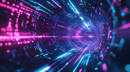 Obraz premium Futuristic tunnel, vibrant colors, digital data stream