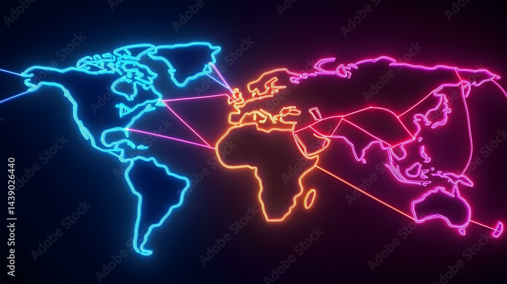 Poster a neon-lit world map outlines the continents with glowing lines connecting various regions, symboliz