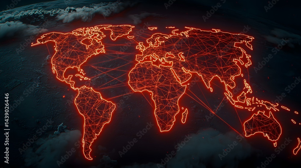 Poster the image shows a world map outlined in bright orange lines, with a network of interconnected lines 