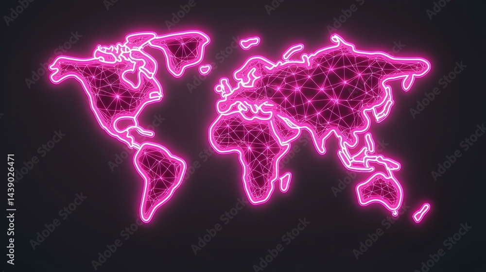 Poster the image contains a neon pink outline of a world map, rendered in a low-poly style with interconnec