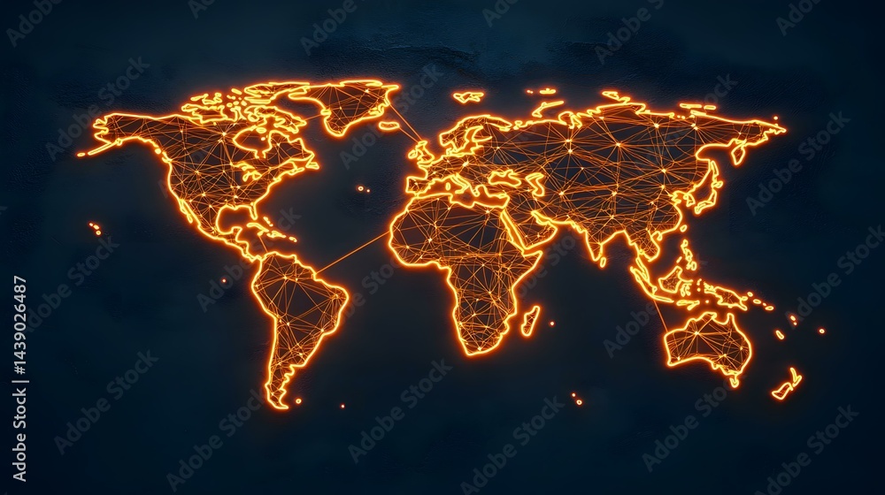 Poster the image shows an orange glowing outline of a world map on a dark background. the outline is compos