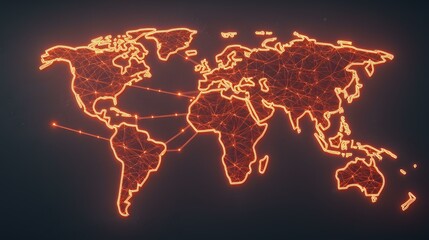 The image contains a glowing orange neon outline of a world map.  The continents are interconnected by a network of lines, creating a visualization of global connectivity.