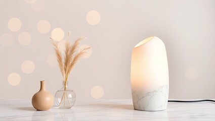 Illuminated table lamp with pampas grass vase and decorative vase