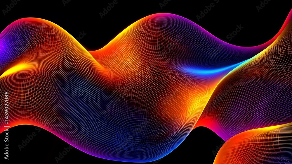 Poster the image contains a vibrant, abstract rendering of flowing, multicolored gridded waves against a bl