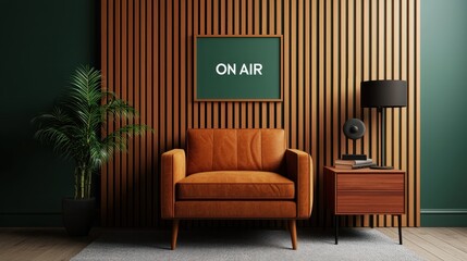 Cozy Living Room Setup with On Air Sign, Green Walls, Modern Furniture, and Stylish Decor Elements