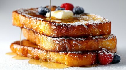 Stacked french toast slices topped with syrup and fruit.