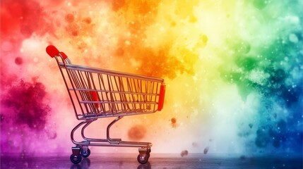Shopping Cart Amidst a Colorful Splash: A singular shopping cart stands out amidst a vivid, swirling galaxy of colors, invoking a sense of vibrancy and retail possibility.