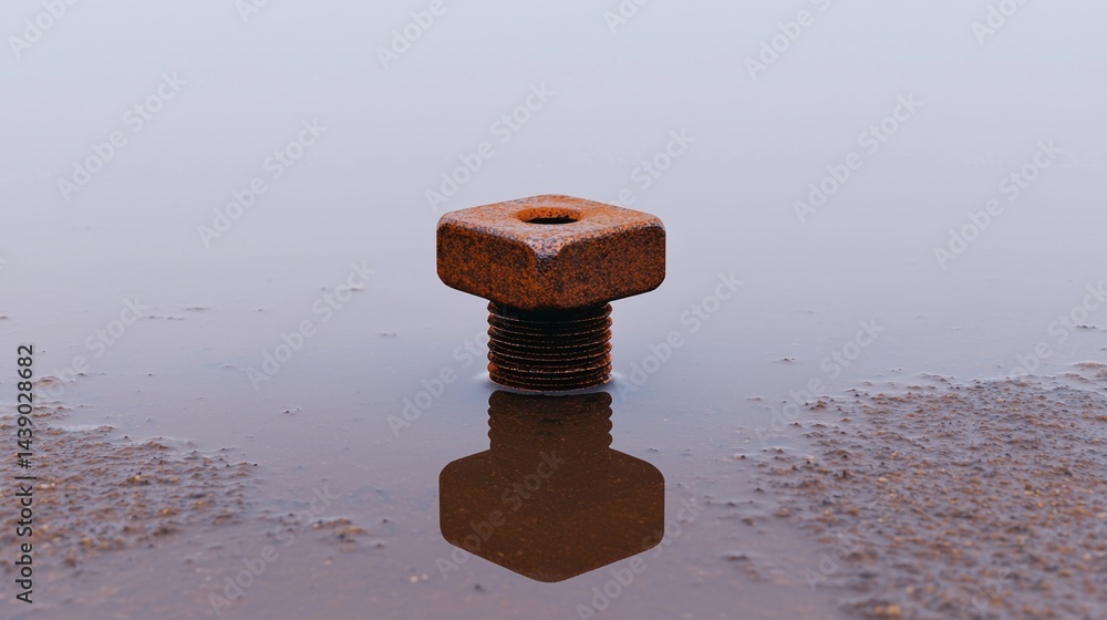 Poster a rusted hexagonal bolt reflects in shallow water, creating a striking image of texture and symmetry