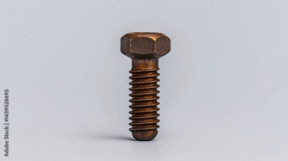 Poster a close-up image of a metallic bolt with a hexagonal head and threaded shaft, showcasing its texture