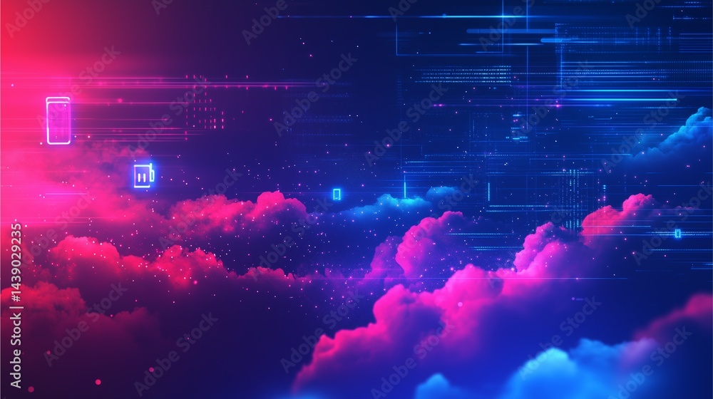 Poster digital cloudscape: a mesmerizing composition of a digital cloudscape, showcasing the seamless fusio
