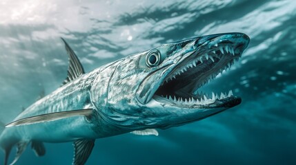 Fototapeta premium Beneath the waves, a barracuda showcases its sharp teeth in a vibrant underwater habitat