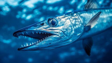 Fototapeta premium Intriguing underwater view of a barracuda swimming in a vibrant ocean environment