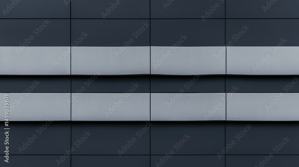 Poster a close-up view of a modern building facade featuring horizontal gray and dark tiles arranged in a s