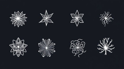 Eight abstract floral designs, dark background, winter theme, graphic design
