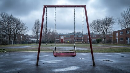 Gloomy Playground, Abandoned Swingset in the Rain at Empty Park