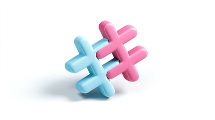 Obraz premium Pink and blue hashtag symbol, 3d model, isolated on white.