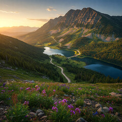 mountain landscape with lake and mountains