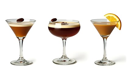 Transparent PNG set bundle of espresso martinis with coffee bean garnish, isolated background. Mixology, bar menu, colourful, pleasant cocktails in martini glasses and coupe saucers.