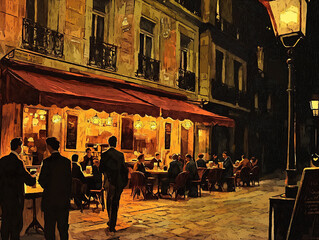 Obraz premium sketch style illustration of a lively outdoor cafe scene with stylized people, warm colors