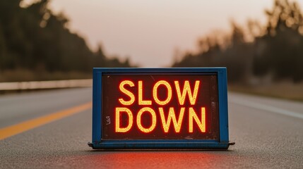 Bright LED sign displaying the message 'Slow Down' on an empty road during sunset with trees in the background