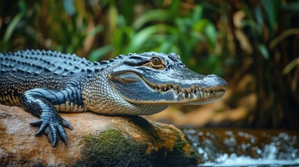 Fototapeta premium Crocodile resting on a rock by the water in a tropical environment during daylight