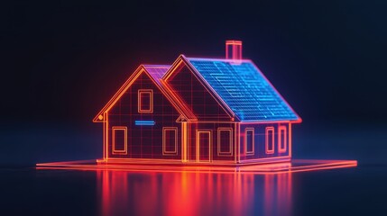 Neon Wireframe House Model with Vibrant Glow Against Dark Background for Modern Real Estate Concept