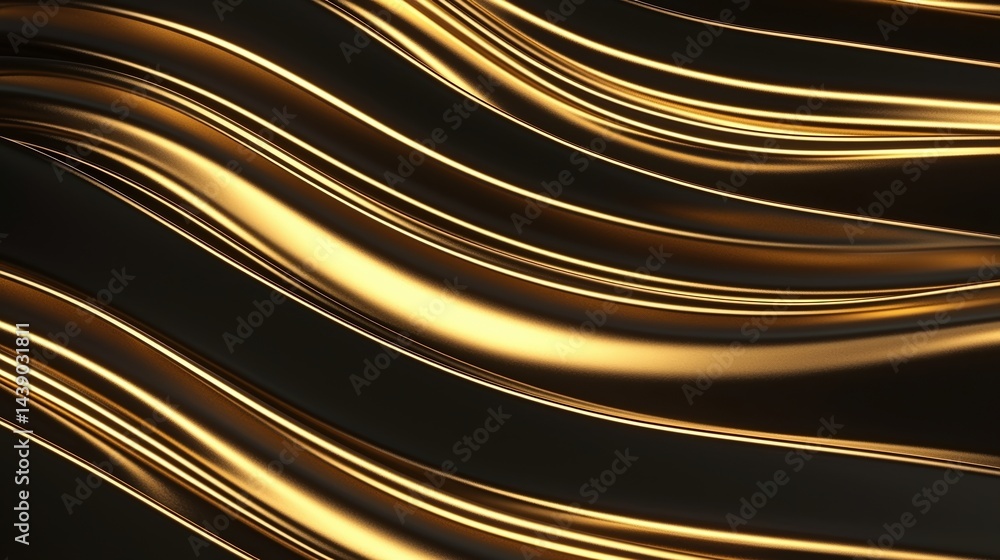 Poster a dynamic abstract image showcasing smooth, wavy lines in golden tones against a dark background, cr