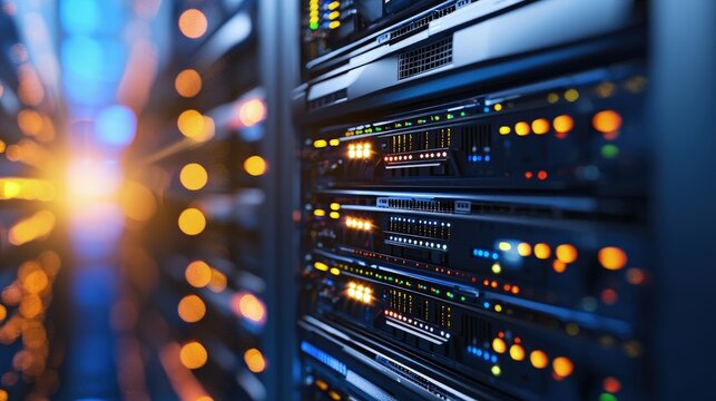 Close-up view of illuminated server racks with warm orange and blue lights, ideal for cloud computing marketing, network infrastructure presentations, and tech branding projects