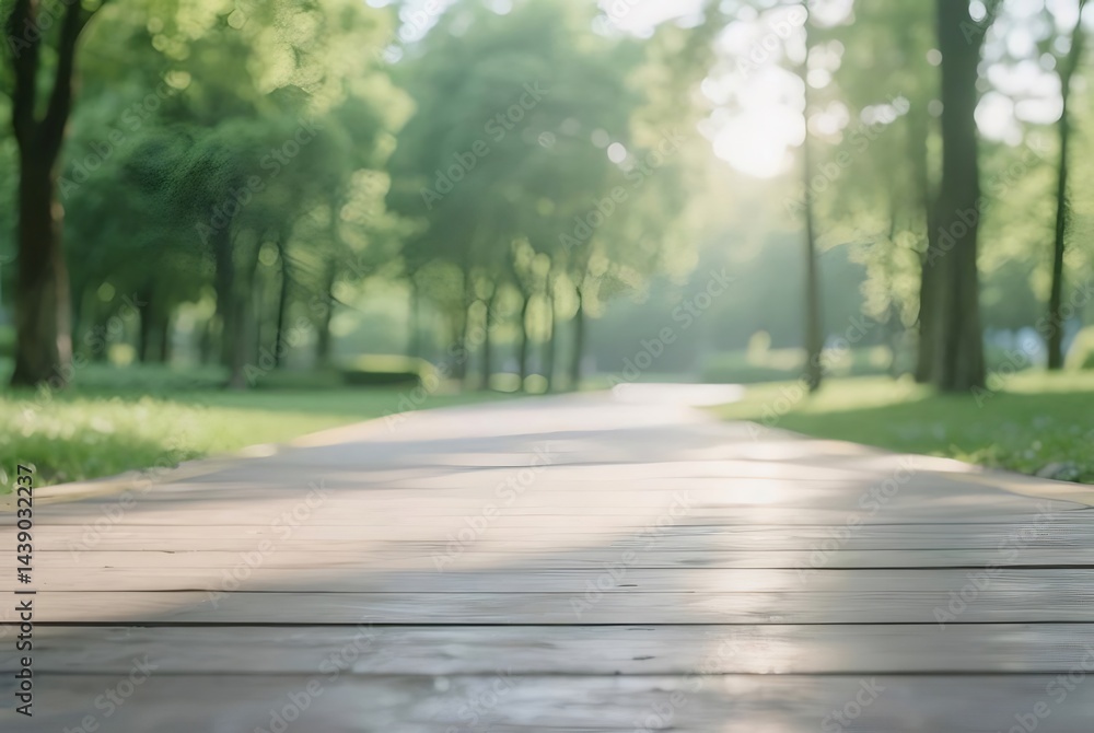 Aufkleber 公園の木漏れ日 太陽光が降り注ぐ木々の中の小道 爽やかな夏の風景